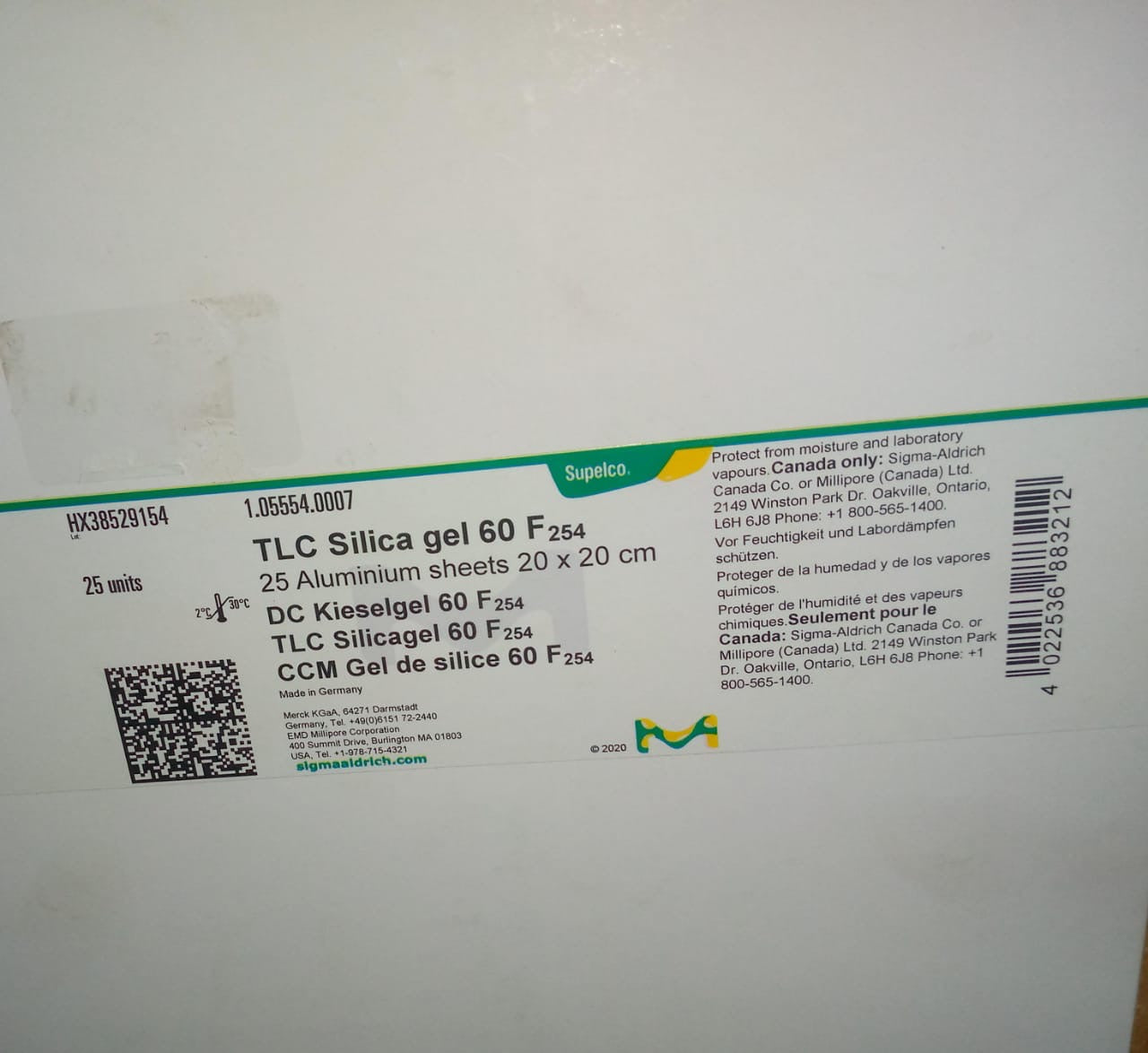 TLC SILICA GEL PLATES 20*20CM SUPELCO(MERCK) 1.05554.0001